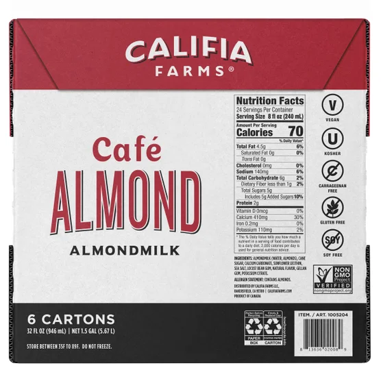 Califia Farms Café Almond Milk 32 fl oz – Dairy Free Barista Plant-Based Milk for Coffee & Lattes (6-Count) - Image 2