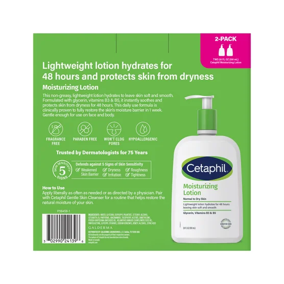 Cetaphil Moisturizing Lotion for Dry to Normal Sensitive Skin, 20 fl oz (2-Pack Pump Bottles) - Image 2