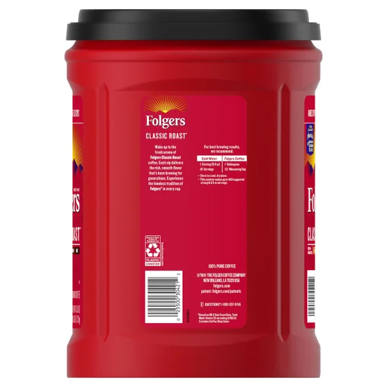 Folgers Classic Roast Ground Coffee – Medium Roast 43.5 oz Canister USA Bulk Coffee - Image 2